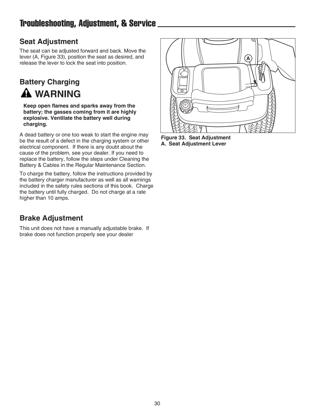 Snapper LT-200 manual Troubleshooting, Adjustment, & Service, Seat Adjustment, Battery Charging, Brake Adjustment 