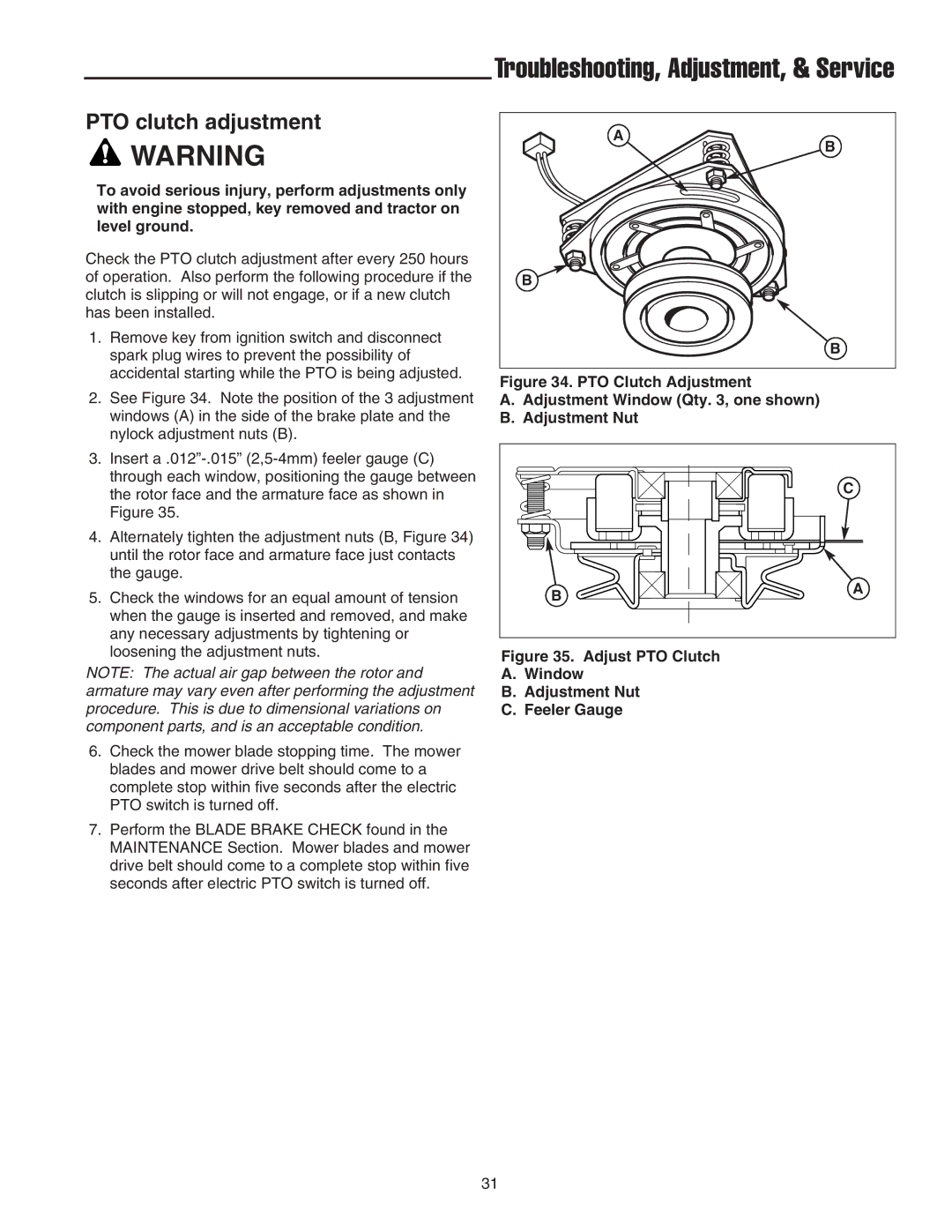 Snapper LT-200 manual PTO clutch adjustment, Adjust PTO Clutch Window Adjustment Nut Feeler Gauge 