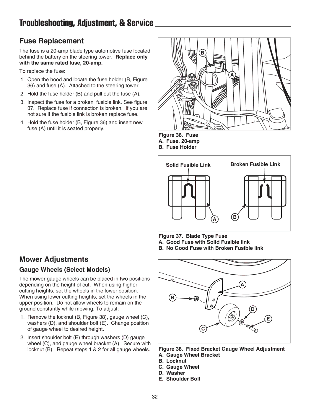 Snapper LT-200 manual Fuse Replacement, Mower Adjustments, Gauge Wheels Select Models 