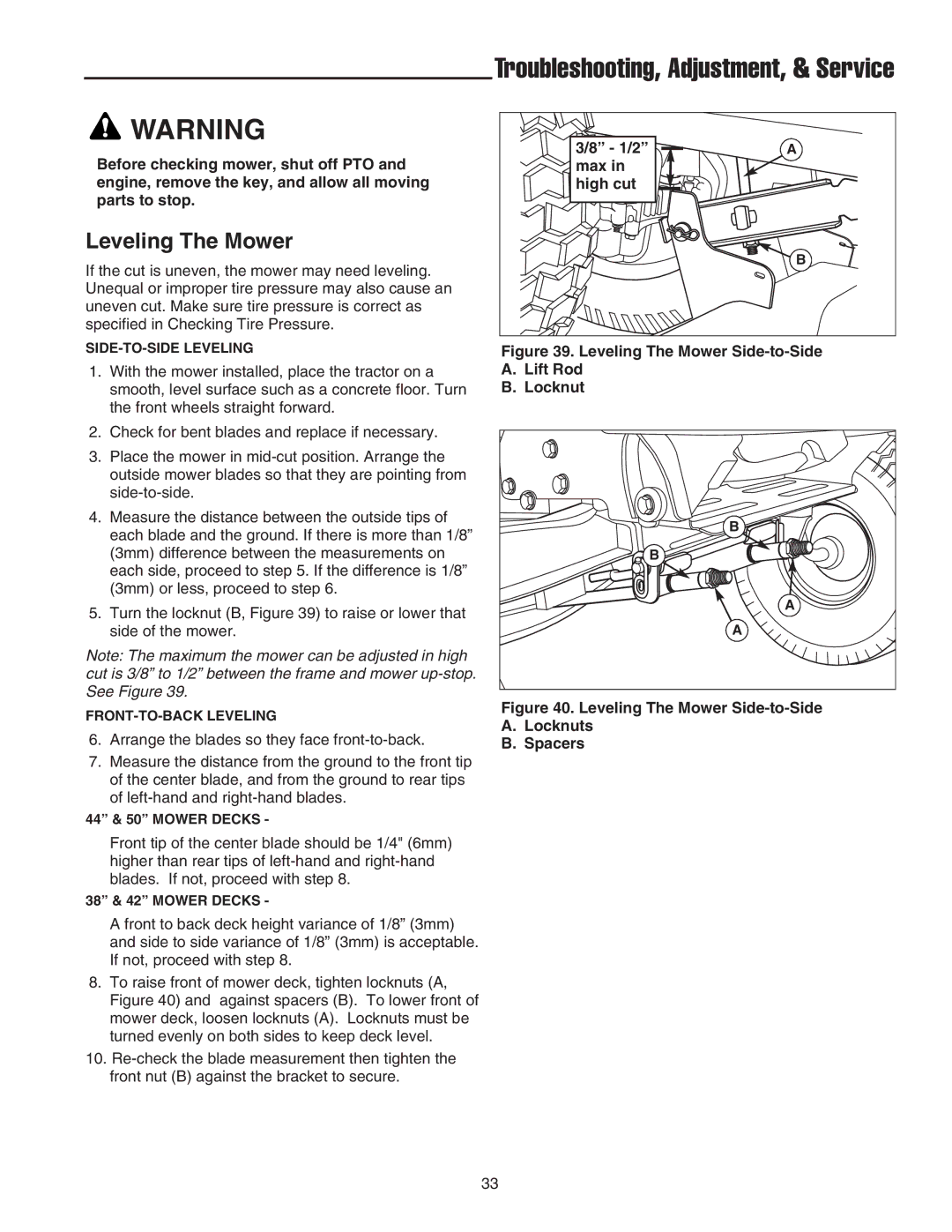 Snapper LT-200 manual Leveling The Mower, 1/2 Max High cut 