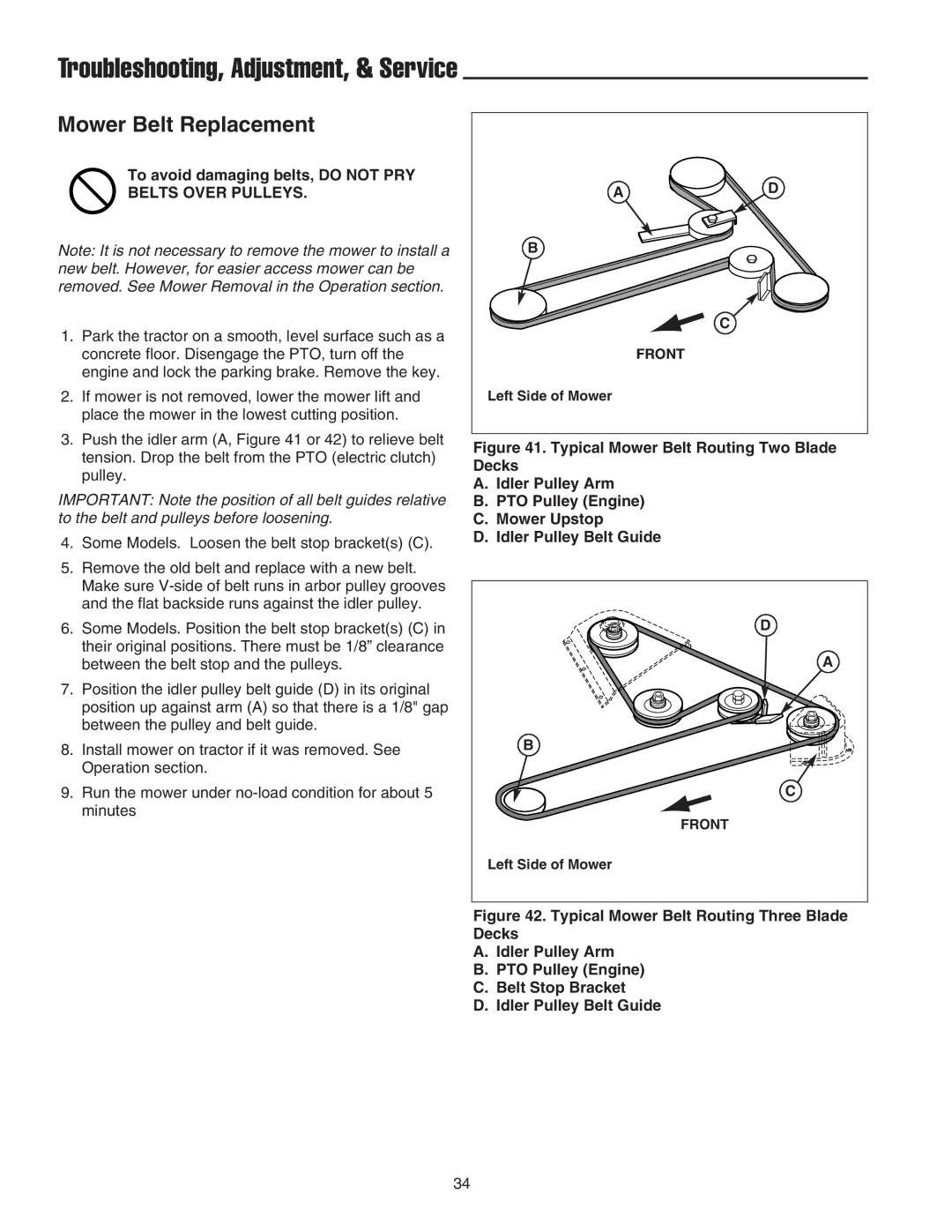 Snapper LT-200 manual Mower Belt Replacement, To avoid damaging belts, do not PRY 