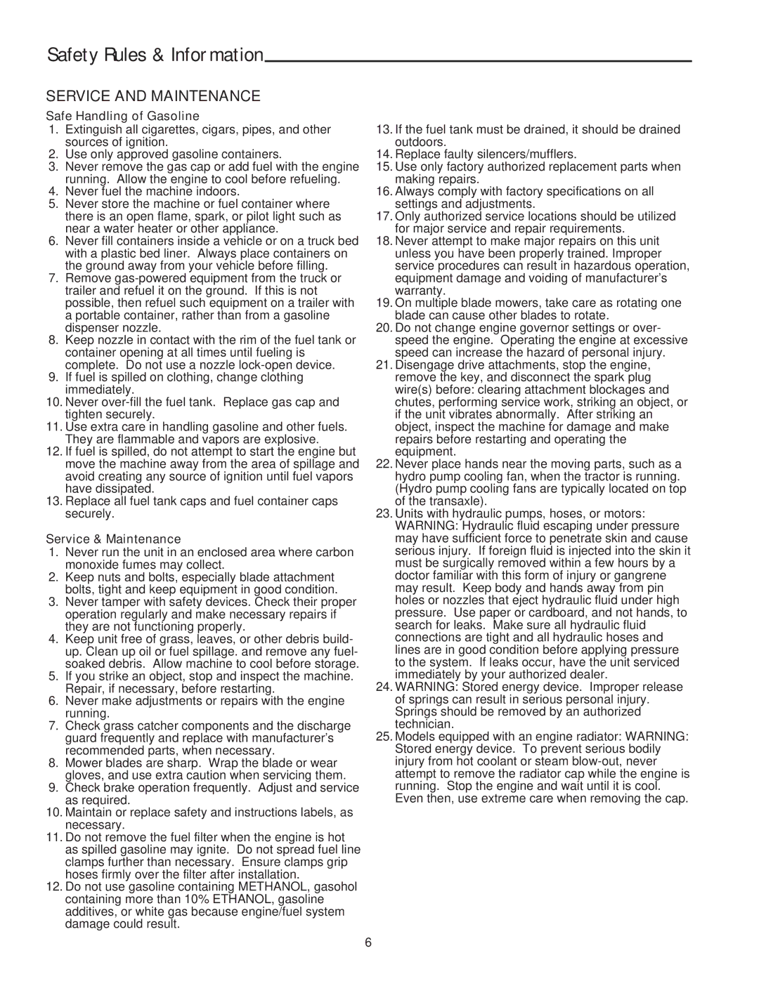 Snapper LT-200 manual Safe Handling of Gasoline, Service & Maintenance 