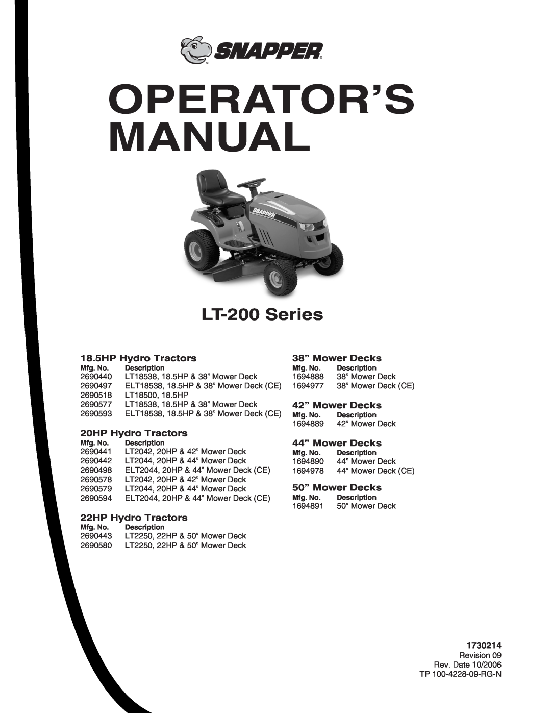Snapper manual LT-200 Series, Operator’S Manual 