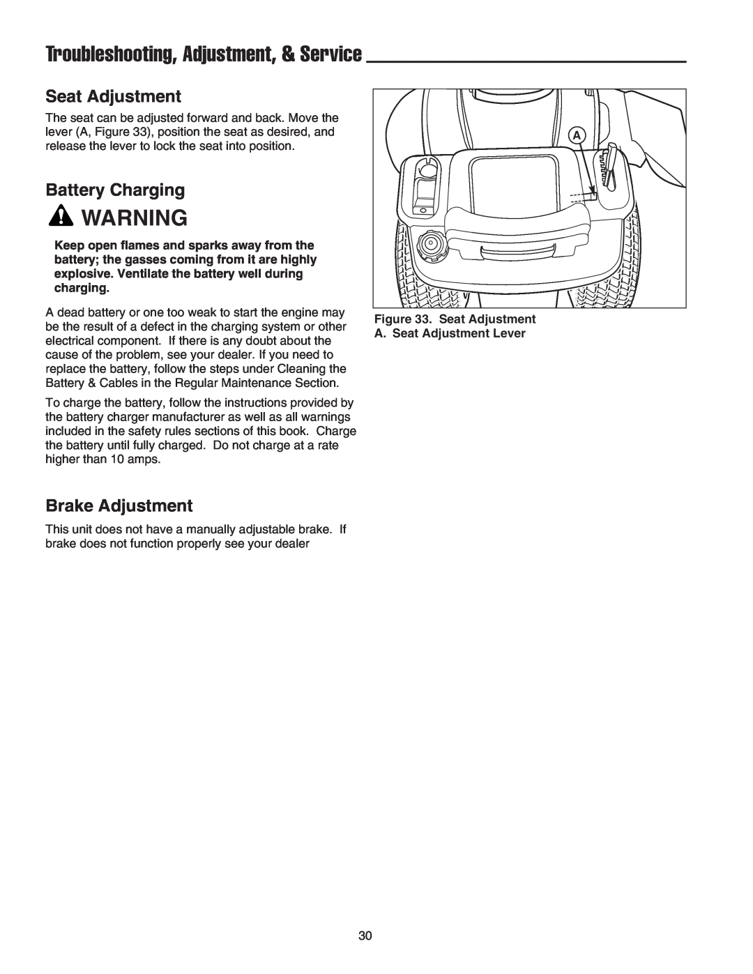 Snapper LT-200 manual Troubleshooting, Adjustment, & Service, Seat Adjustment, Battery Charging, Brake Adjustment 