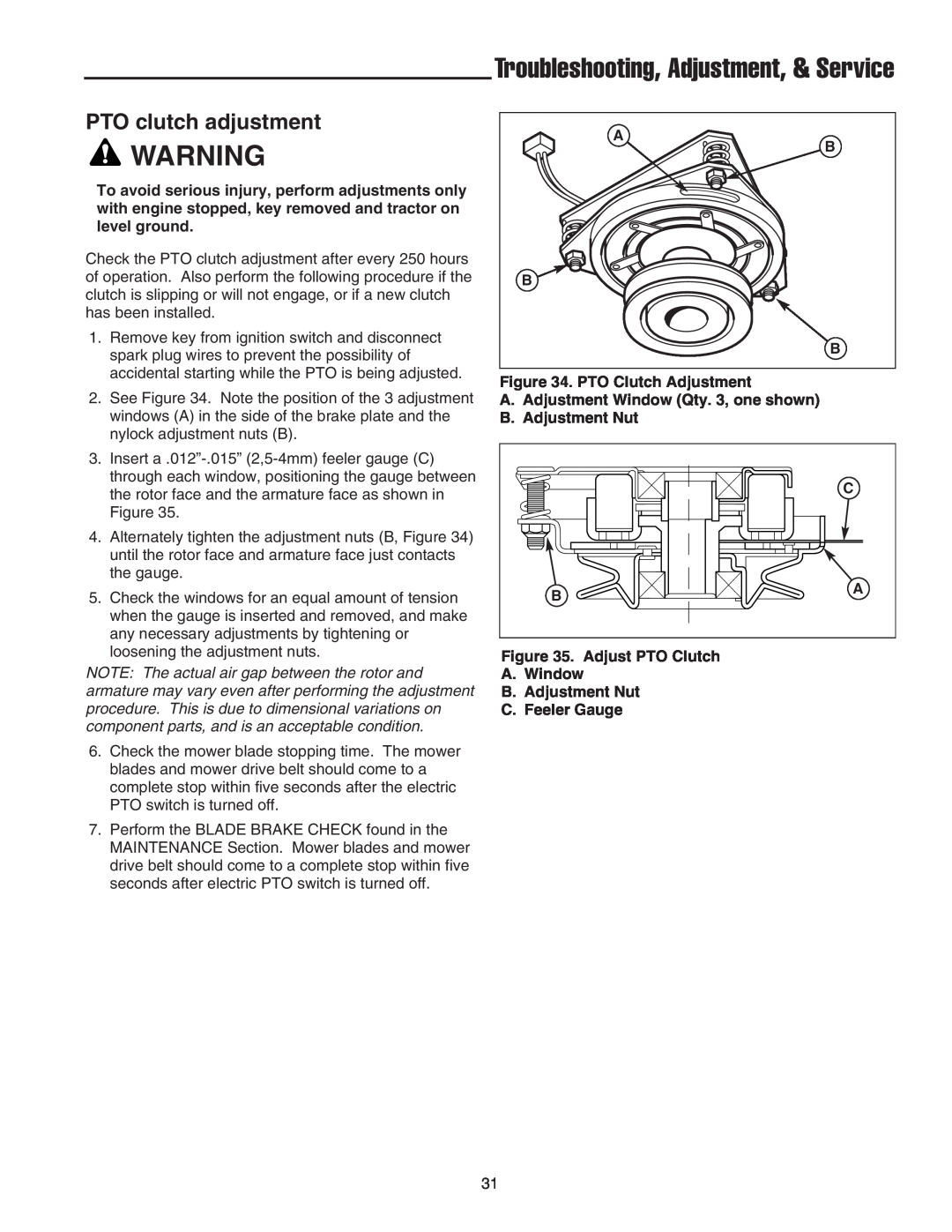 Snapper LT-200 manual PTO clutch adjustment, Troubleshooting, Adjustment, & Service 