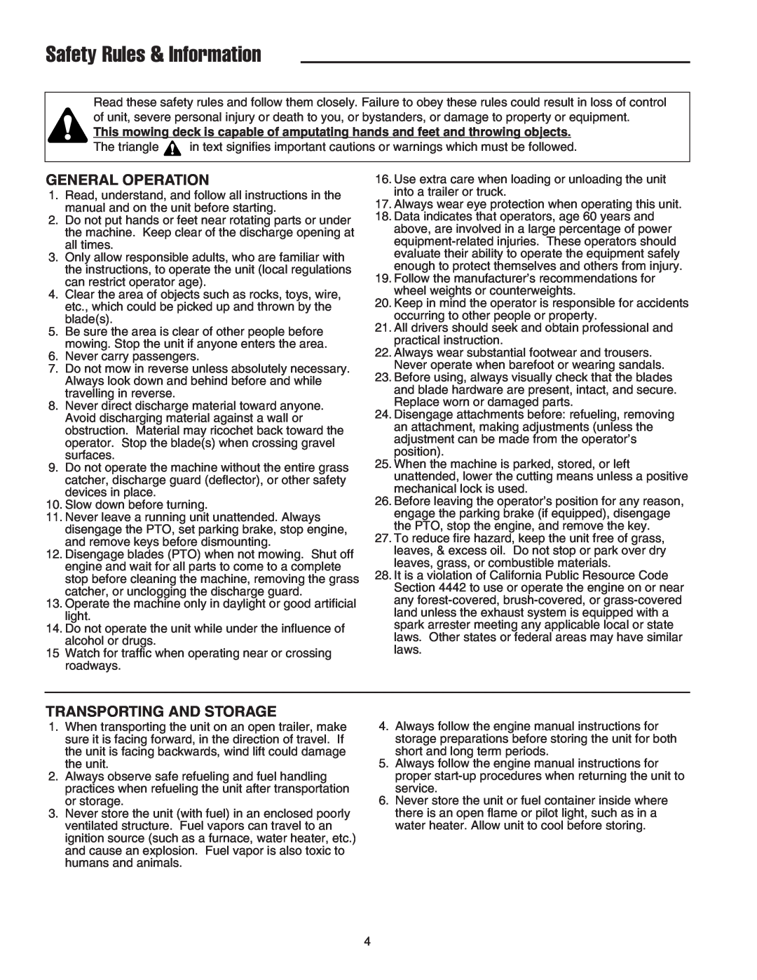 Snapper LT-200 manual Safety Rules & Information, General Operation, Transporting And Storage 