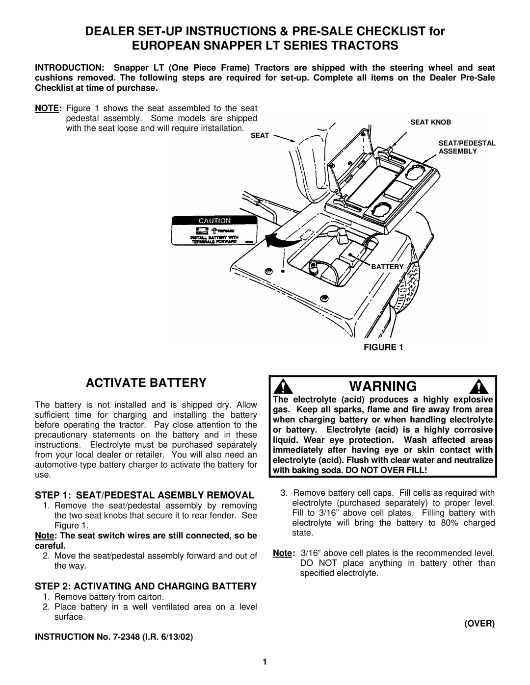 Snapper manual European Snapper LT Series Tractors, Activate Battery, SEAT/PEDESTAL Asembly Removal 