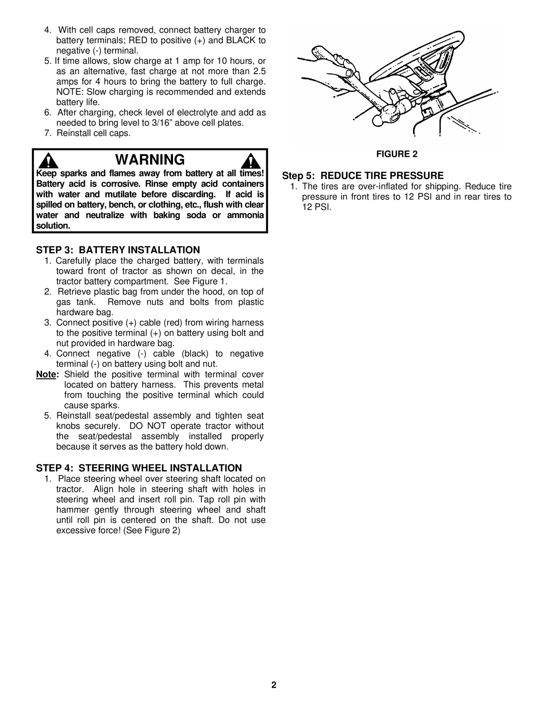 Snapper LT Series manual Battery Installation, Steering Wheel Installation, Reduce Tire Pressure 