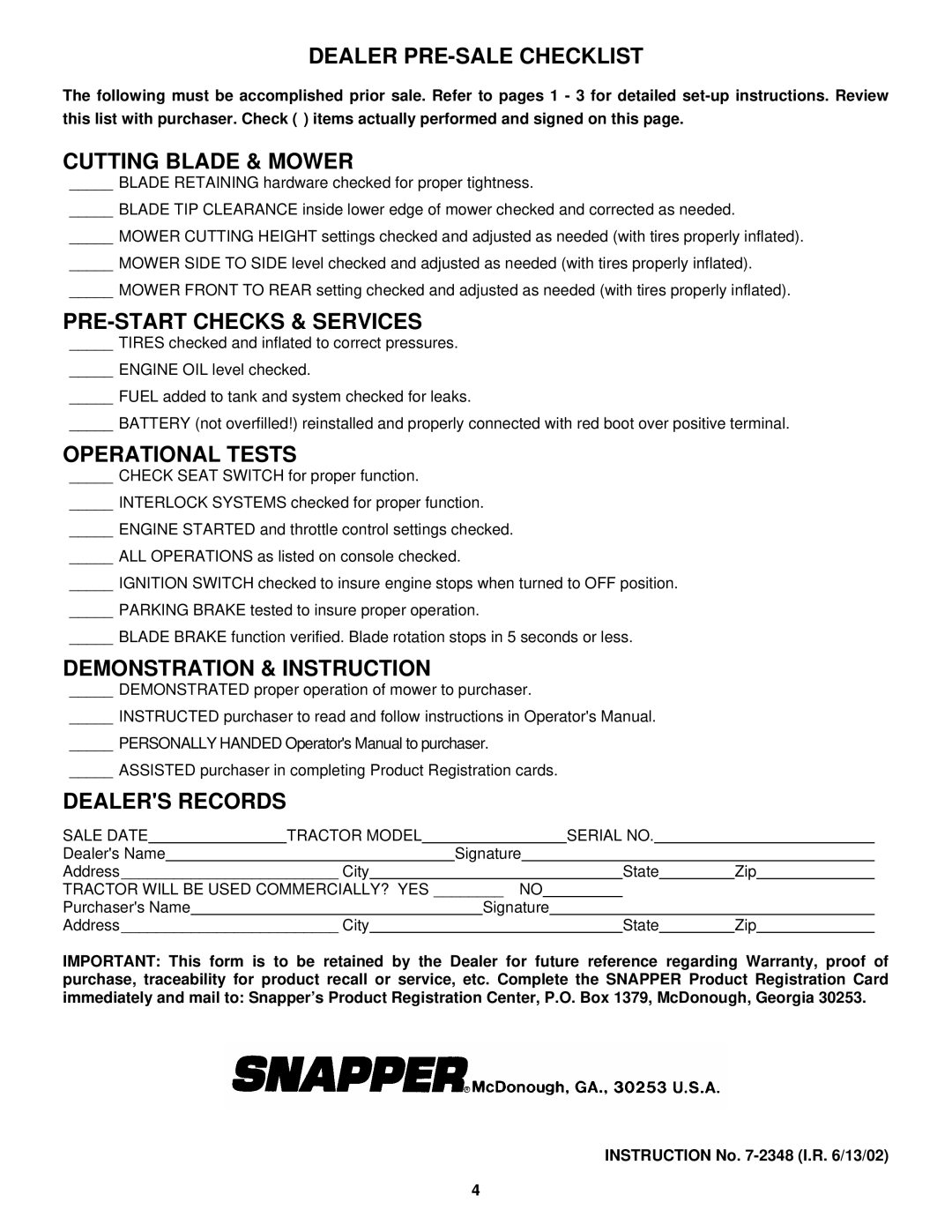 Snapper LT Series manual Dealer PRE-SALE Checklist, Cutting Blade & Mower, PRE-START Checks & Services, Operational Tests 