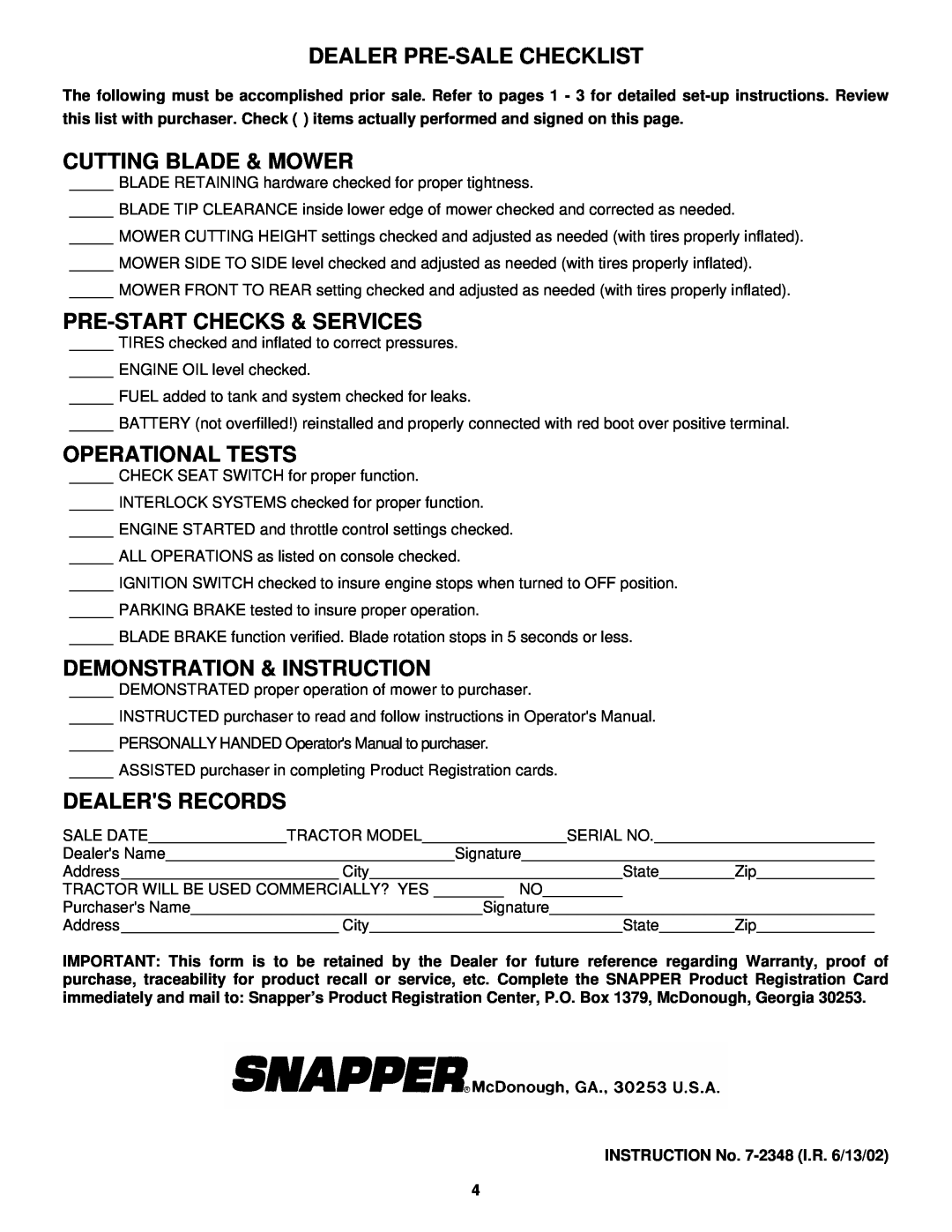 Snapper LT Series manual Dealer Pre-Salechecklist, Cutting Blade & Mower, Pre-Startchecks & Services, Operational Tests 