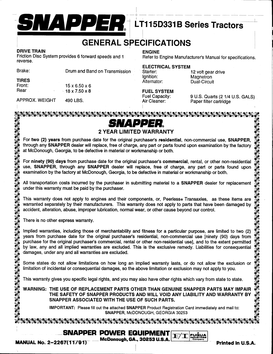 Snapper LT115D331B Series manual 