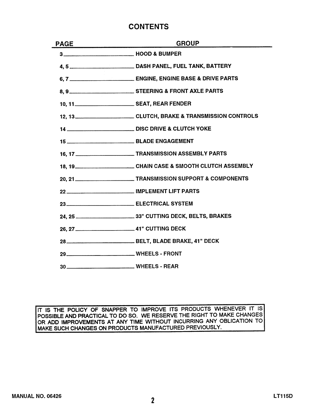 Snapper RLT115D331B, LT115D411B, ELT115D331B manual 