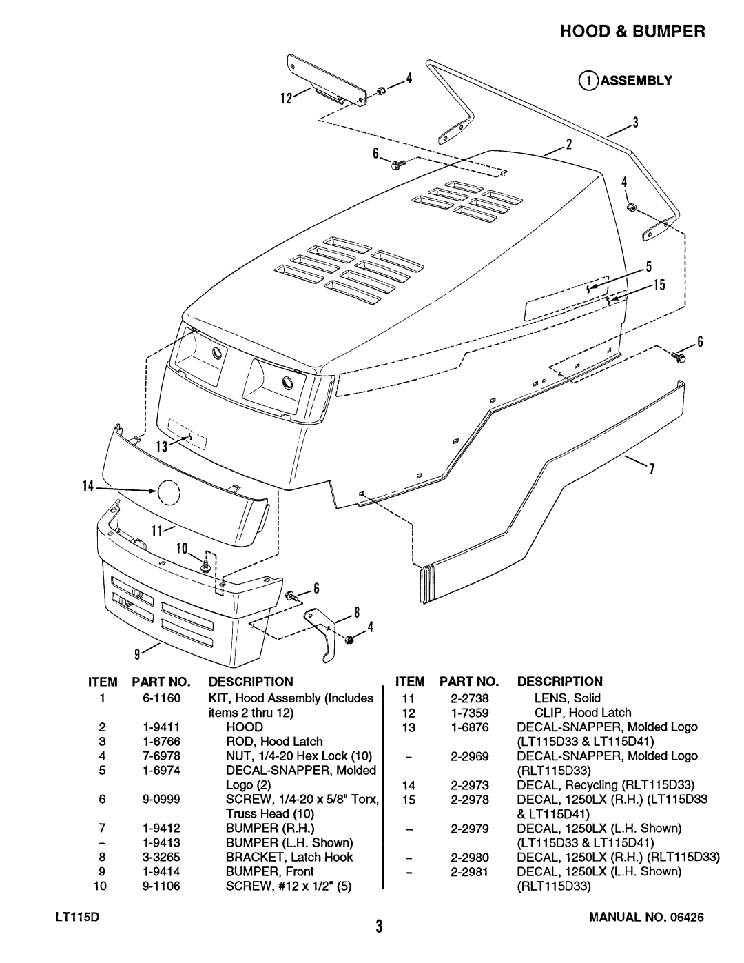 Snapper LT115D411B, ELT115D331B, RLT115D331B manual 