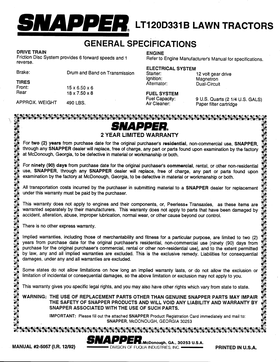 Snapper LT120D331B manual 