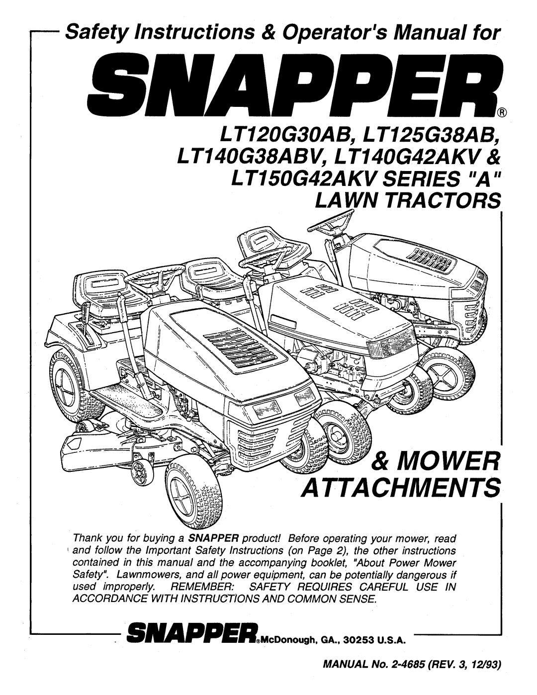 Snapper LT125G38AB, LT120G30AB, LT150G42AKV Series A manual 