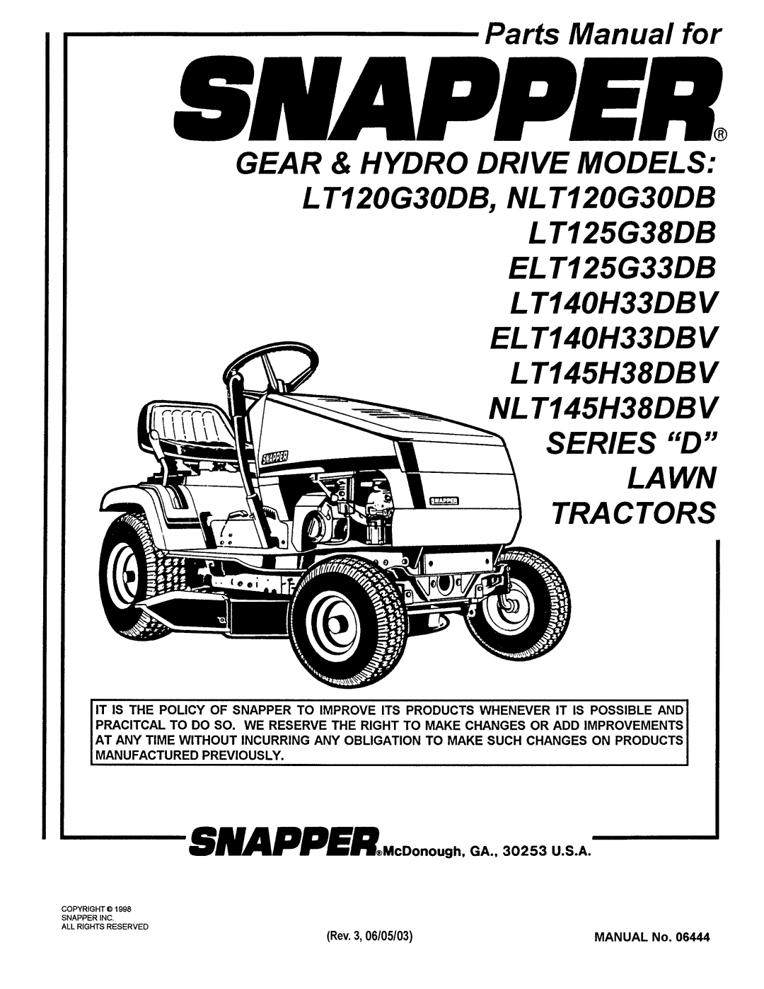 Snapper LT125G38DB, LT140H33DBV, NLT145H38DBV, NLT120G30DB manual 