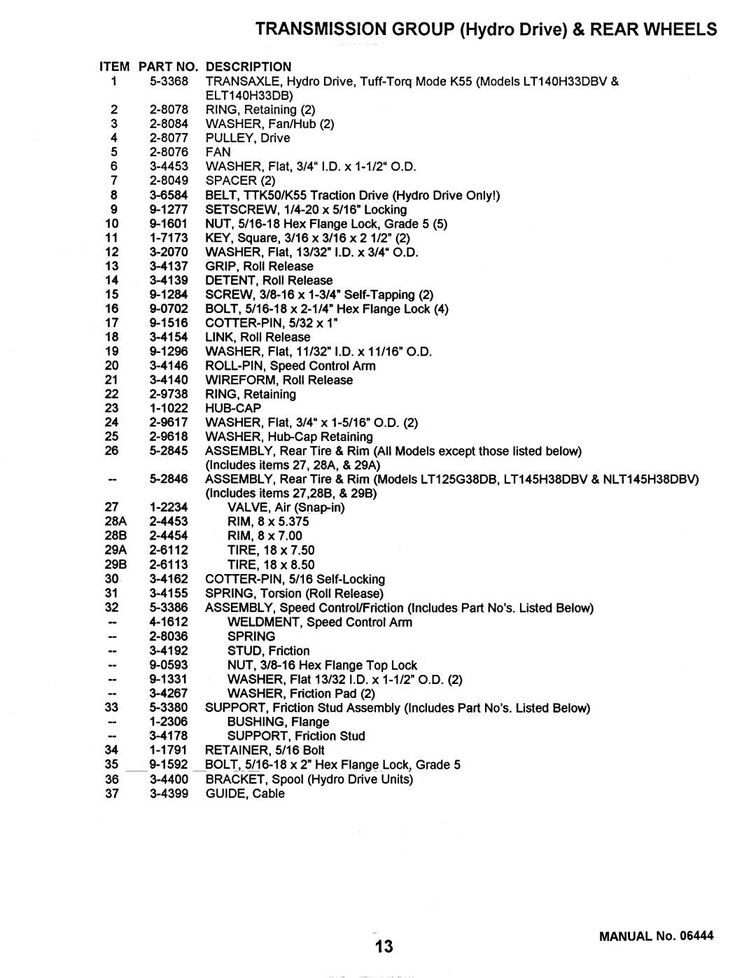 Snapper LT125G38DB, LT140H33DBV, NLT145H38DBV, NLT120G30DB manual 