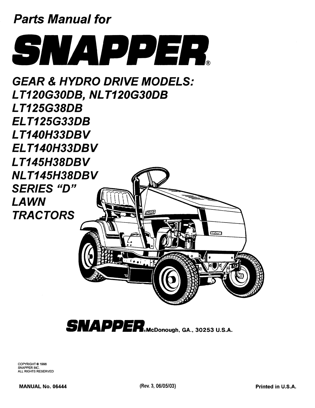 Snapper NLT145H38DBV, LT125G38DB, LT140H33DBV, NLT120G30DB manual 