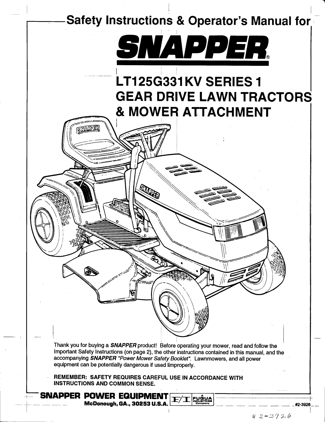 Snapper LT125G331KV Series 1 manual 