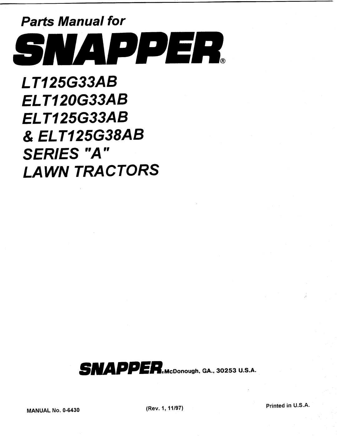 Snapper ELT125G33AB, ELT125G38AB Series A, ELT120G33AB, BH120G38AB manual 
