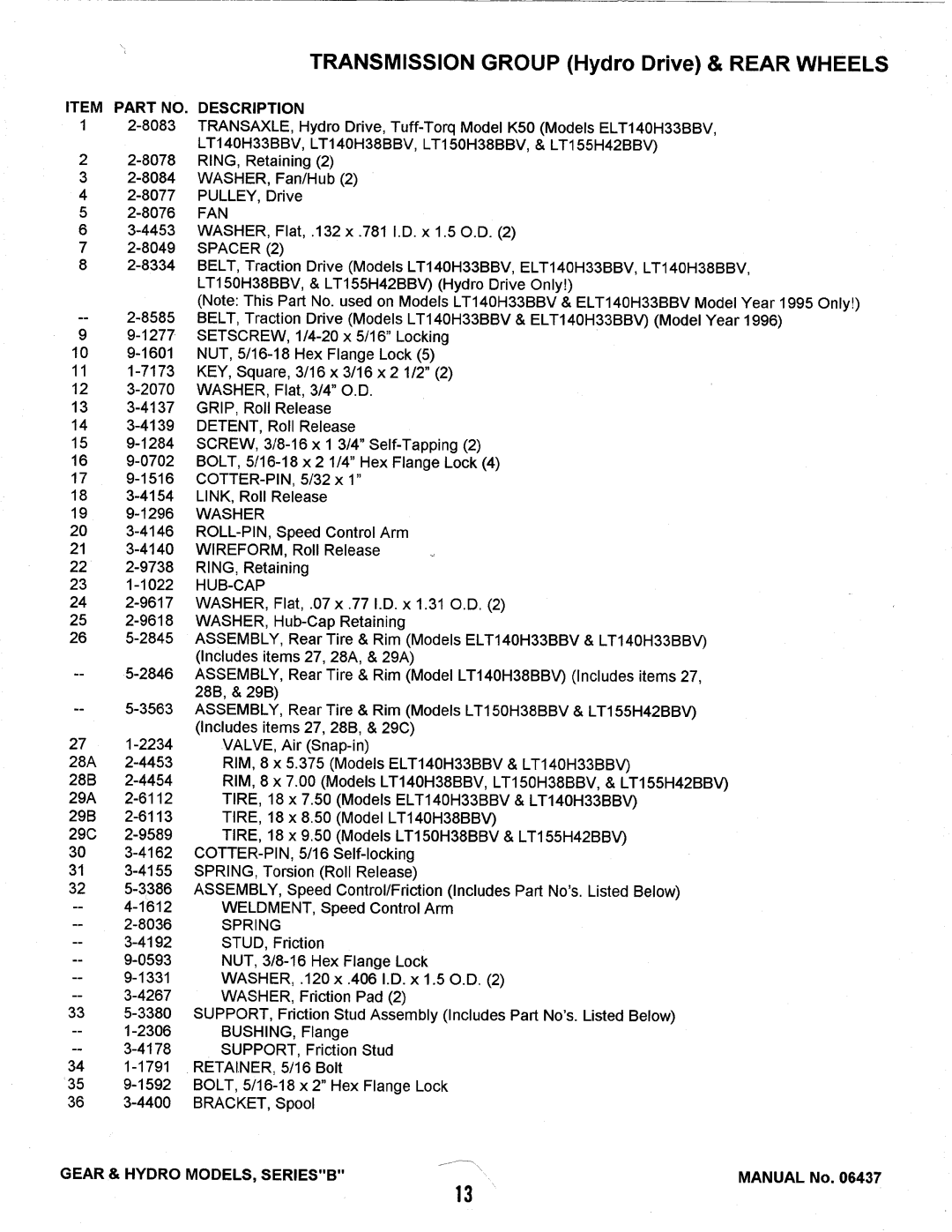 Snapper LT155H42BBV, LT120G30BB, ELT125G33BB, ELT140H33BBV, LT150H38BBV, LT140H38BBV manual 