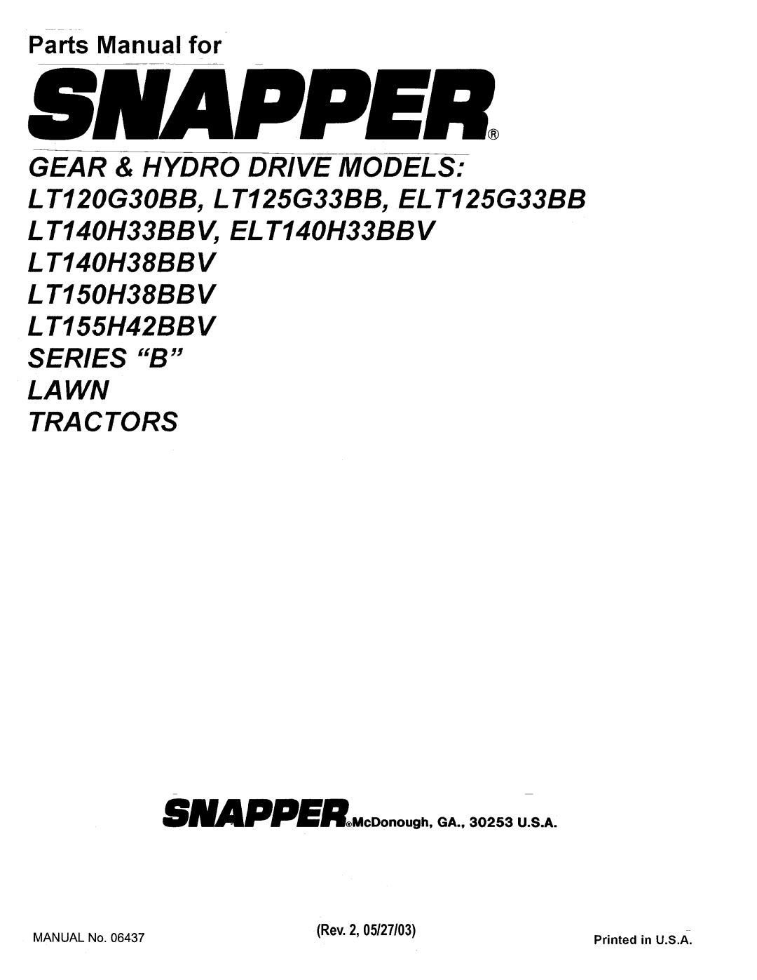 Snapper LT120G30BB, ELT125G33BB, ELT140H33BBV, LT150H38BBV, LT155H42BBV, LT140H38BBV manual 