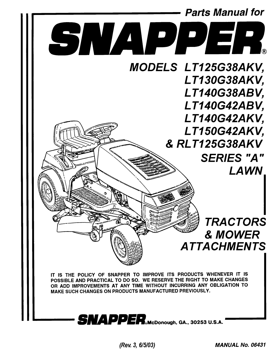 Snapper LT150G42AKV, LT140G42AKV, LT140G42ABV, LT140G38ABV, LT130G38AKV, RLT125G38AKV manual 