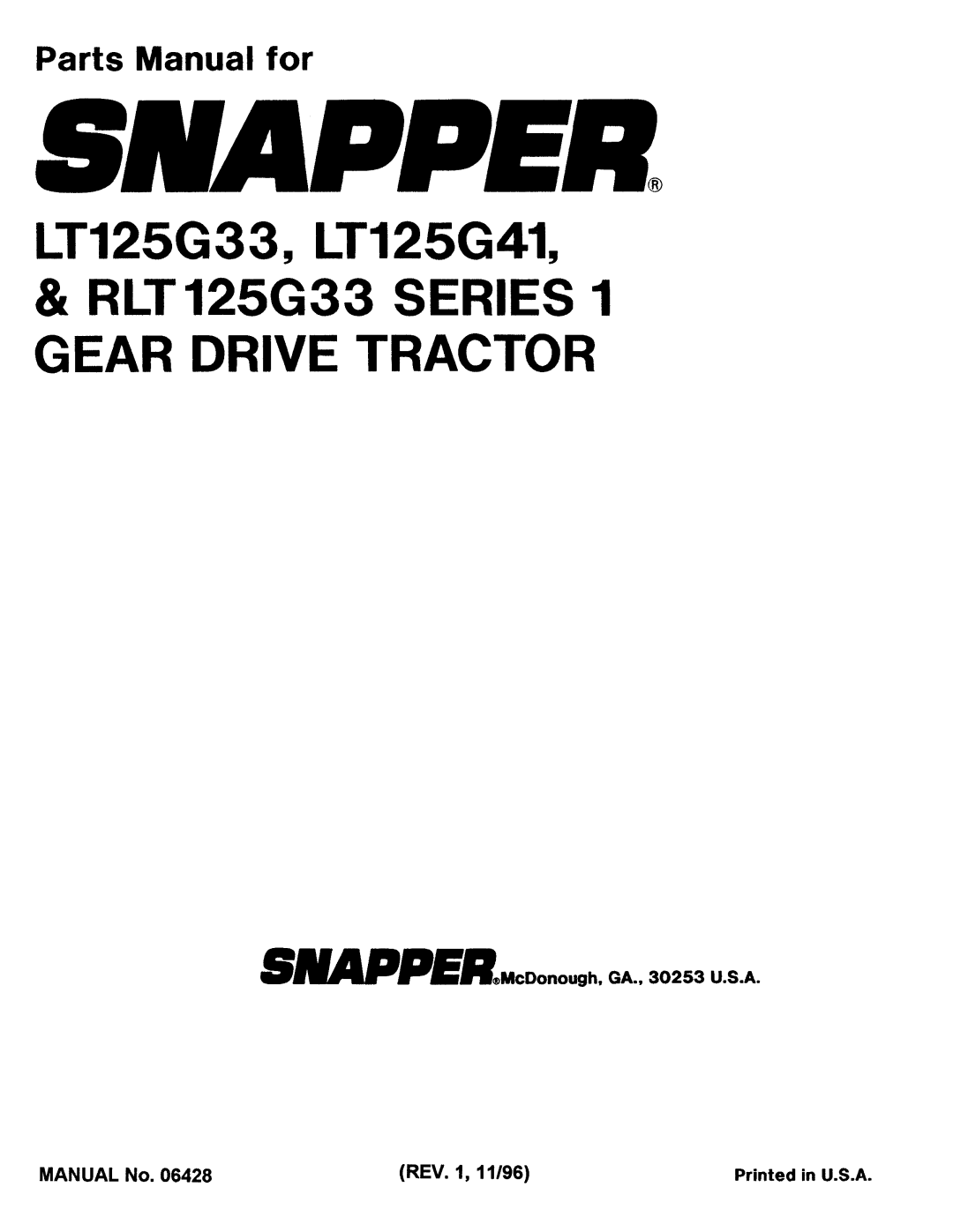 Snapper LT125G33, LT125G41, RLT 125G33 manual 