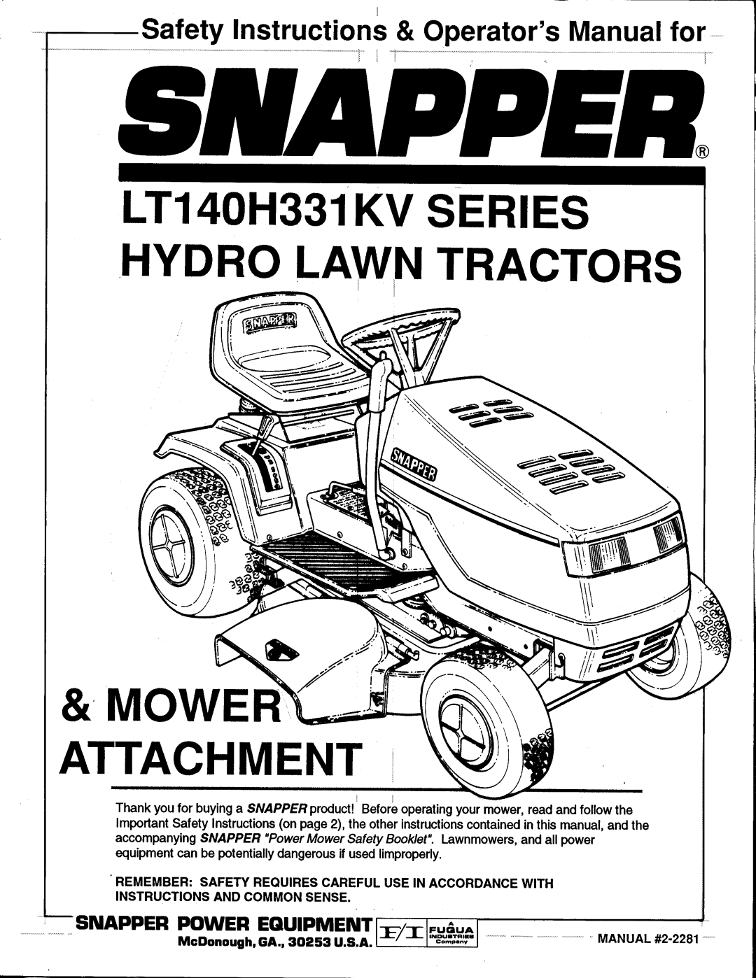 Snapper LT140H331KV Series manual 