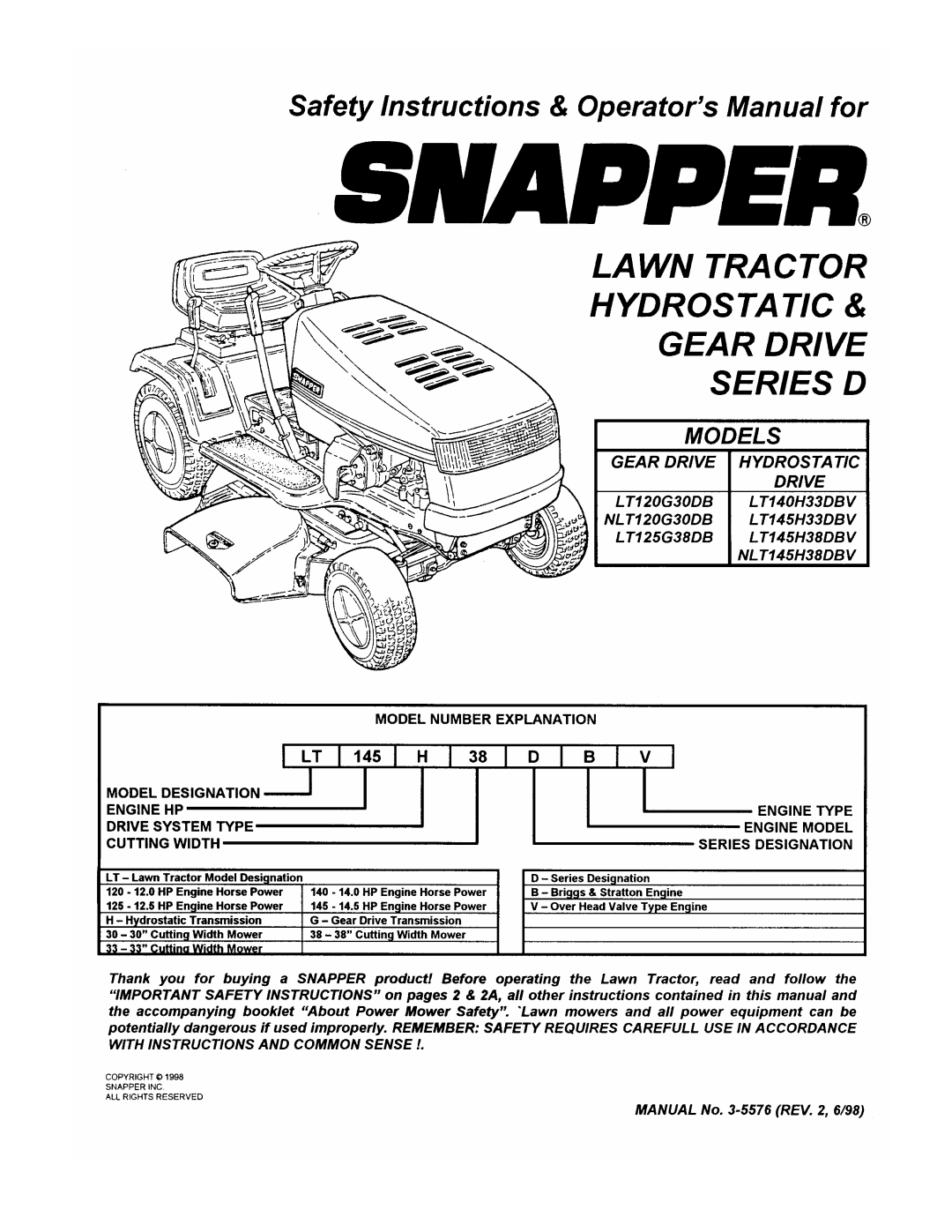 Snapper LT145H33DBV manual 