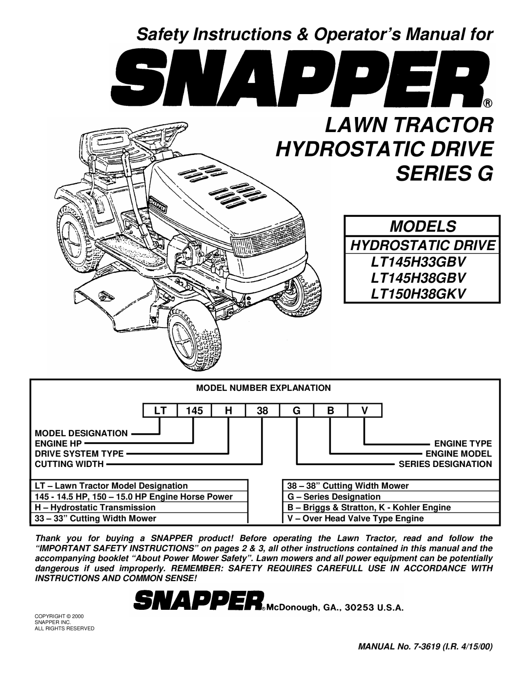 Snapper LT145H33GBV, LT145H38GBV, LT150H38GKV important safety instructions Lawn Tractor Hydrostatic Drive Series G 