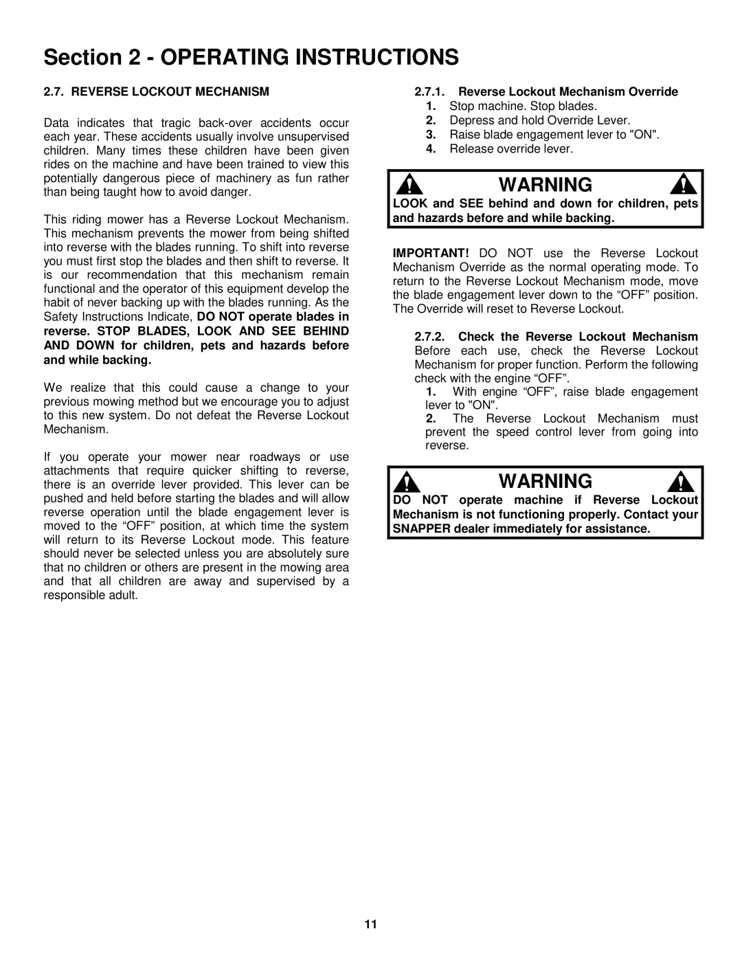 Snapper LT145H33GBV, LT145H38GBV, LT150H38GKV important safety instructions Reverse Lockout Mechanism Override 