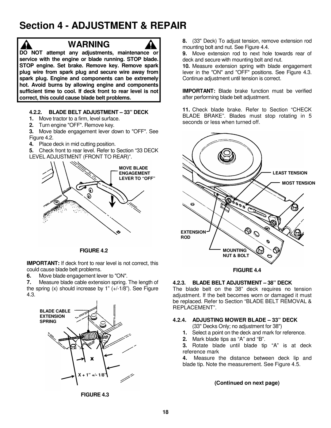 Snapper LT145H33GBV important safety instructions Blade Belt Adjustment 33 Deck, Blade Belt Adjustment 38 Deck, On next 