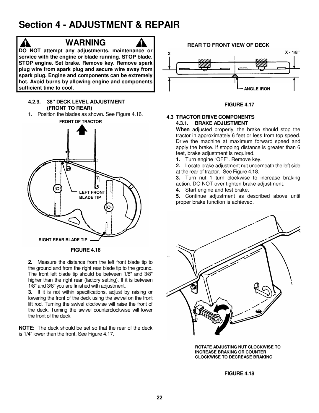 Snapper LT145H33GBV, LT145H38GBV, LT150H38GKV Deck Level Adjustment Front to Rear, Rear to Front View of Deck 