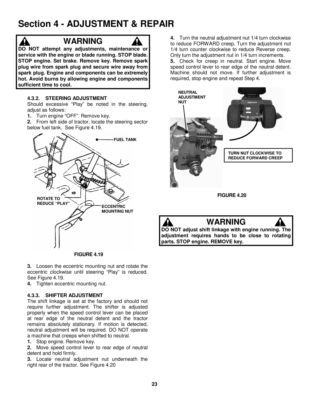 Snapper LT145H33GBV, LT145H38GBV, LT150H38GKV important safety instructions Steering Adjustment, Shifter Adjustment 