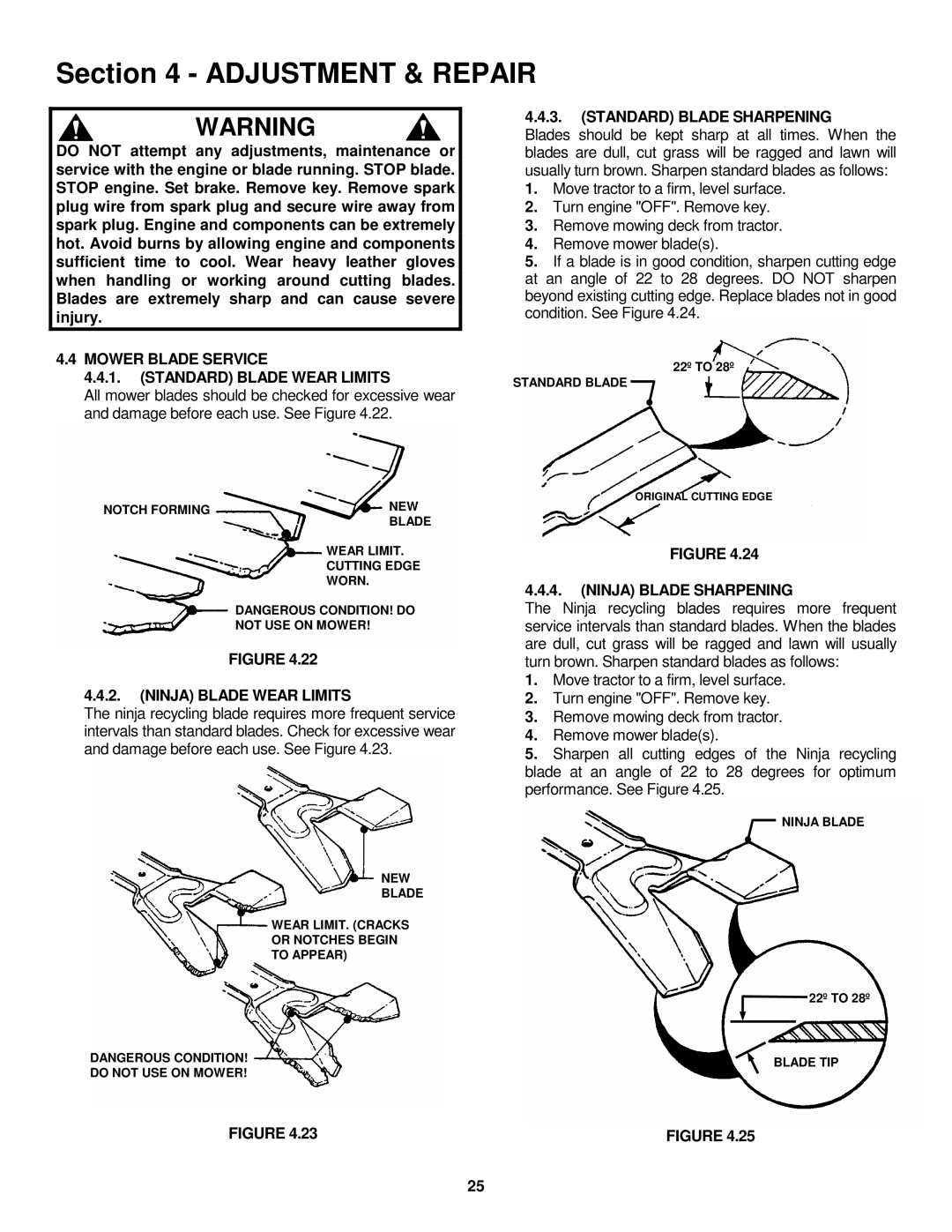 Snapper LT145H33GBV, LT145H38GBV, LT150H38GKV Mower Blade Service Standard Blade Wear Limits, Ninja Blade Wear Limits 