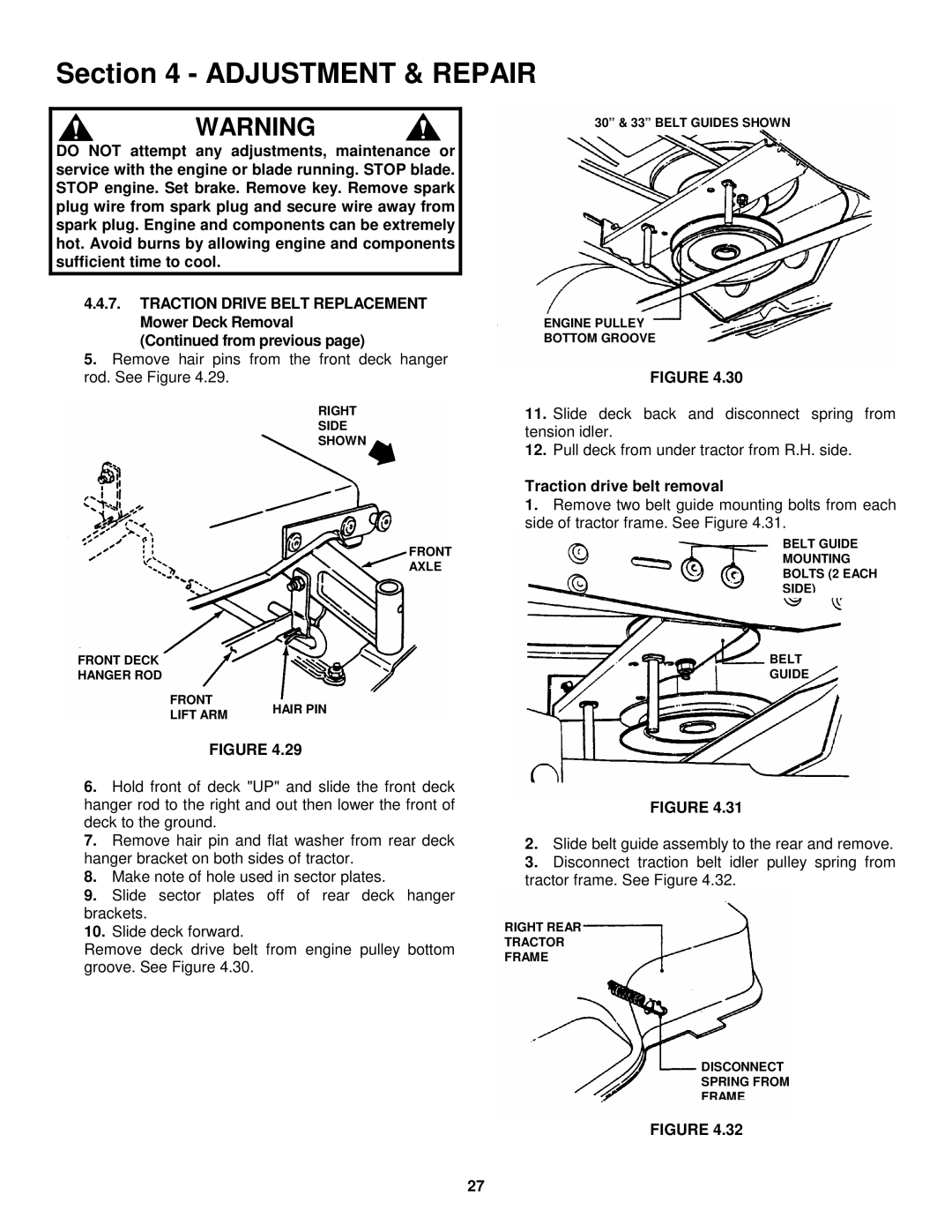 Snapper LT145H33GBV, LT145H38GBV, LT150H38GKV important safety instructions Traction drive belt removal 