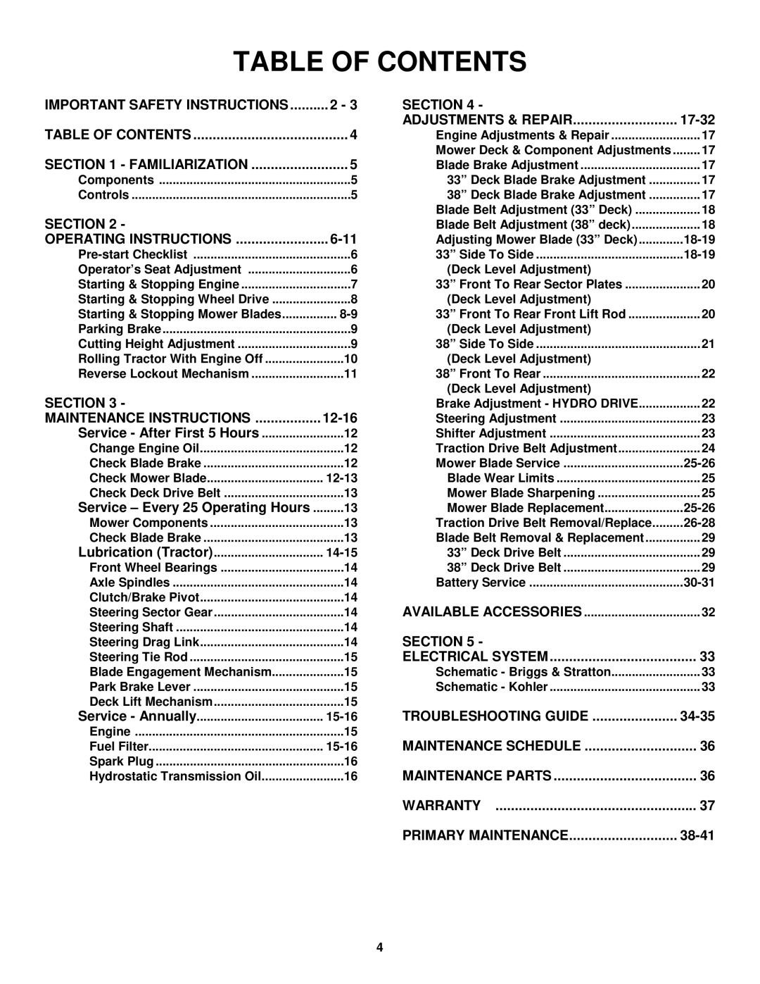 Snapper LT145H33GBV, LT145H38GBV, LT150H38GKV important safety instructions Table of Contents 