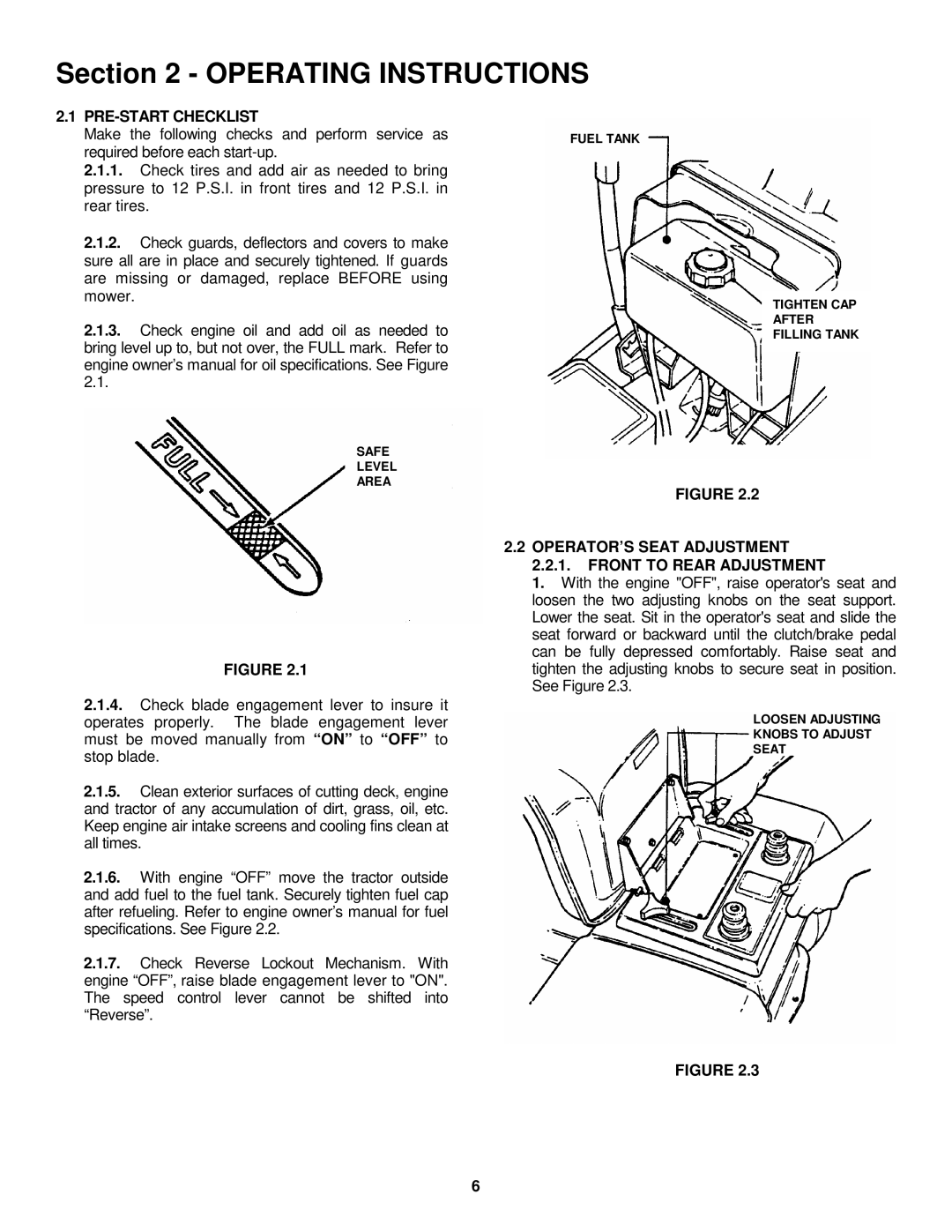 Snapper LT145H33GBV important safety instructions PRE-START Checklist, OPERATOR’S Seat Adjustment Front to Rear Adjustment 