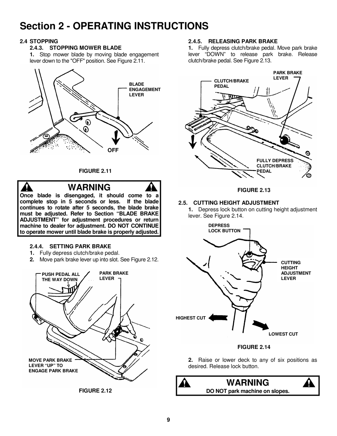 Snapper LT145H33GBV, LT145H38GBV, LT150H38GKV Stopping Stopping Mower Blade, Releasing Park Brake, Setting Park Brake 