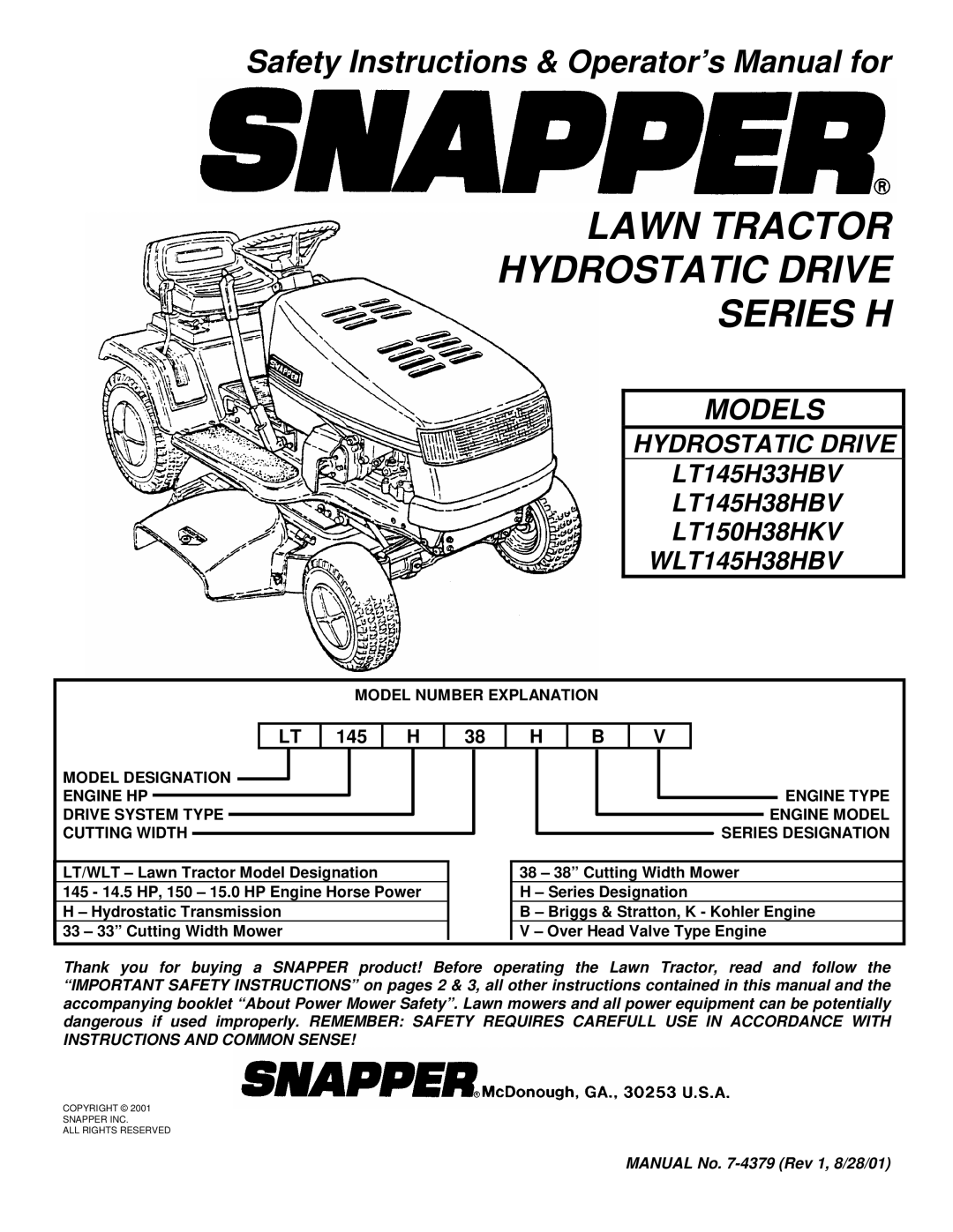 Snapper LT145H33HBV, LT145H38HBV, LT150H38HKV, WLT145H38HBV important safety instructions Model Number Explanation 