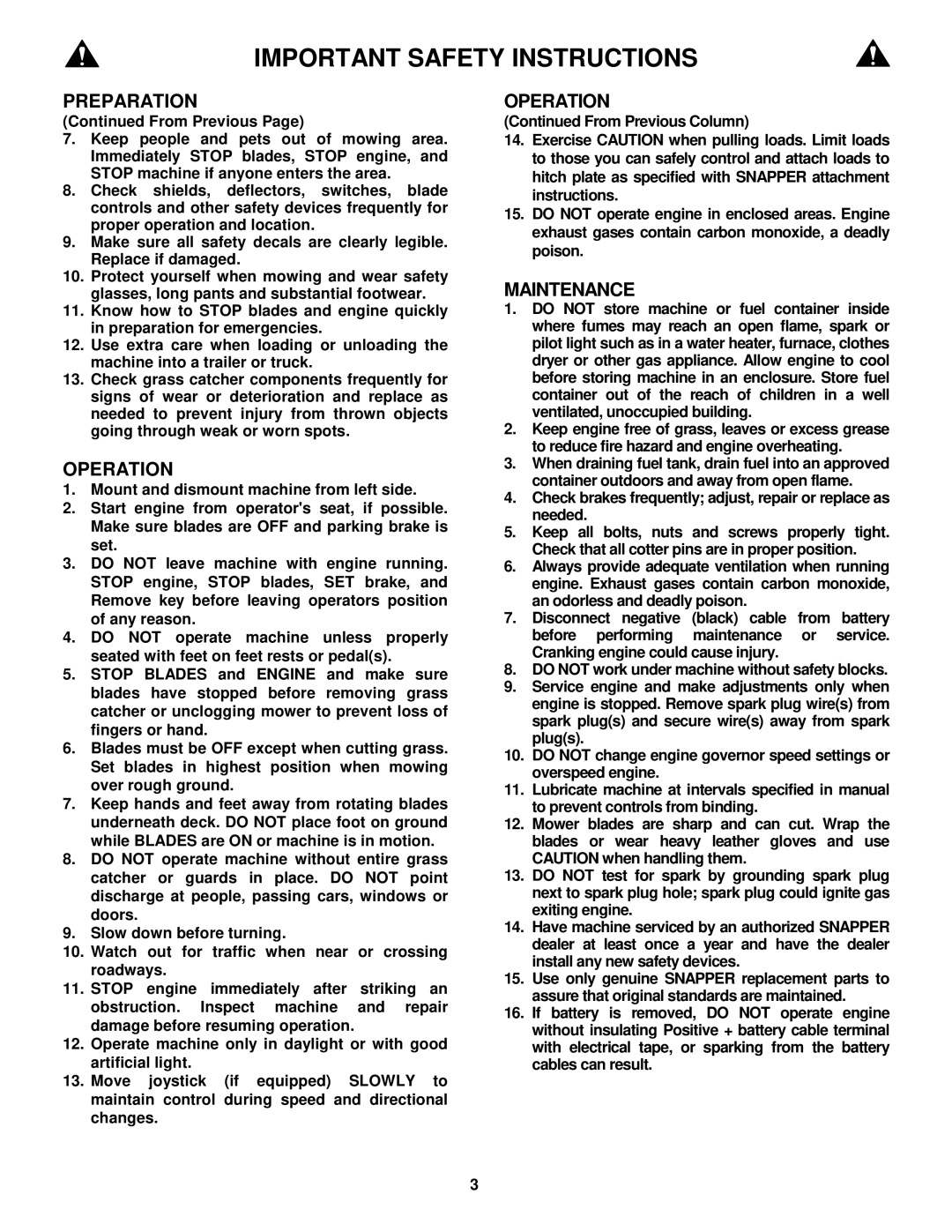 Snapper LT145H33HBV, LT145H38HBV, LT150H38HKV, WLT145H38HBV important safety instructions Operation 