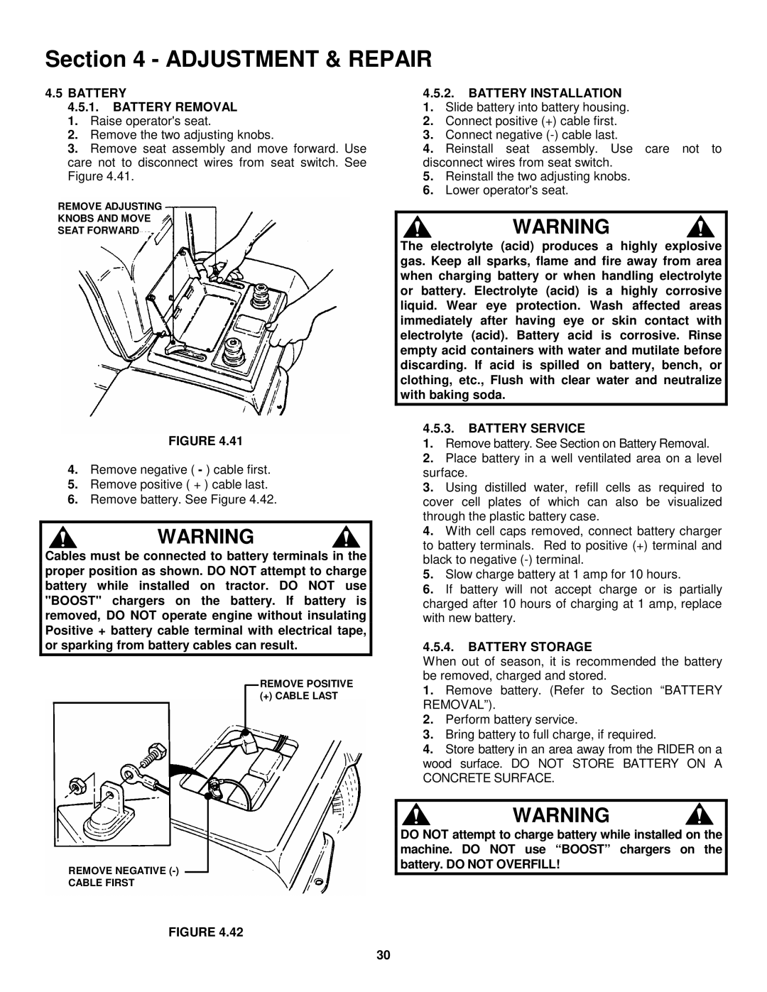 Snapper LT145H33HBV, LT145H38HBV, LT150H38HKV, WLT145H38HBV Battery Battery Removal, Battery Installation, Battery Service 