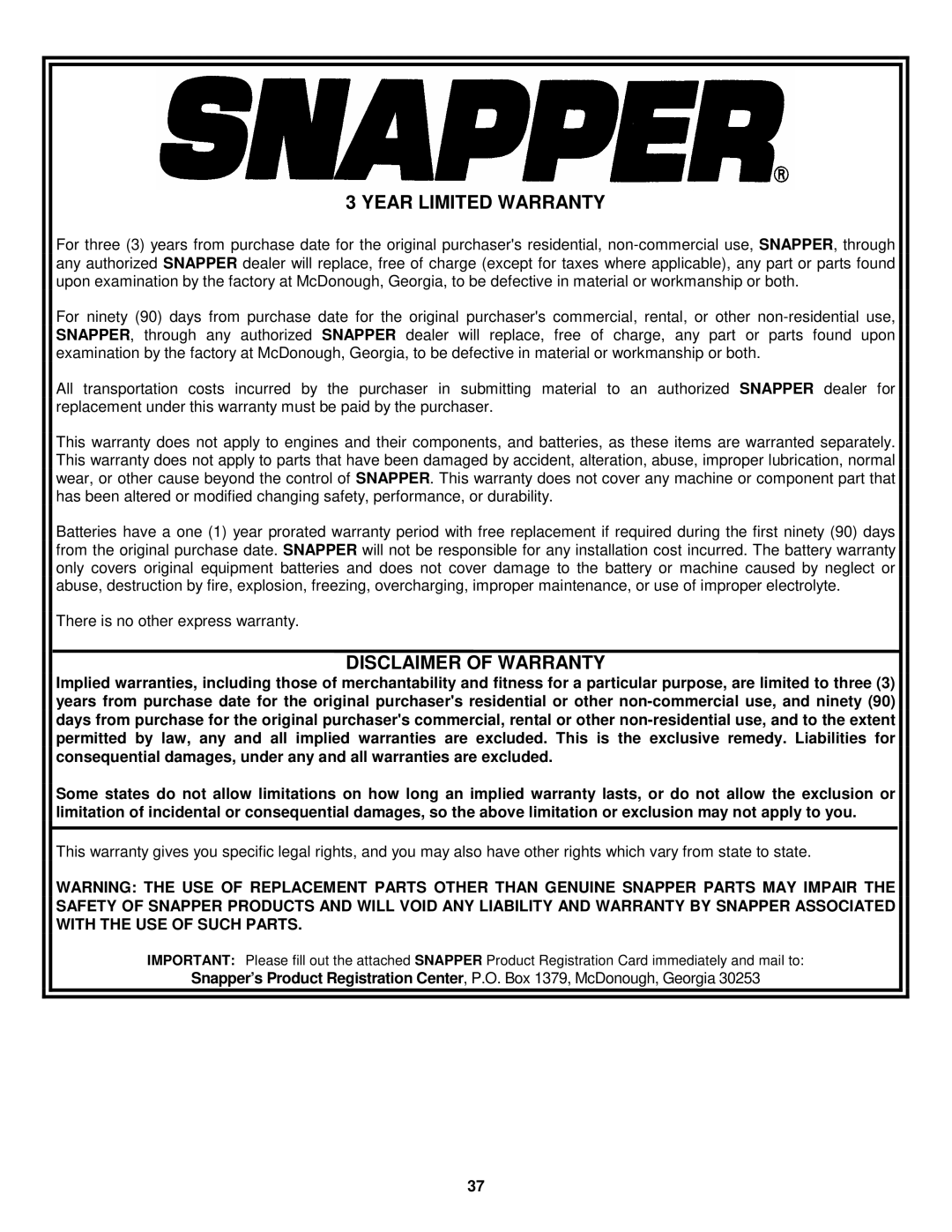 Snapper LT145H33HBV, LT145H38HBV, LT150H38HKV, WLT145H38HBV important safety instructions Year Limited Warranty 