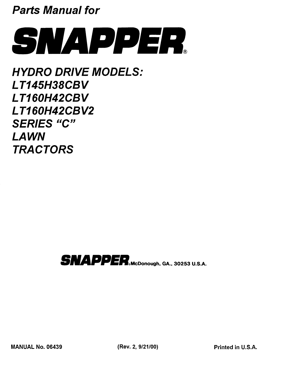 Snapper LT145H38CBV, LT160H42CBV2, Series C manual 