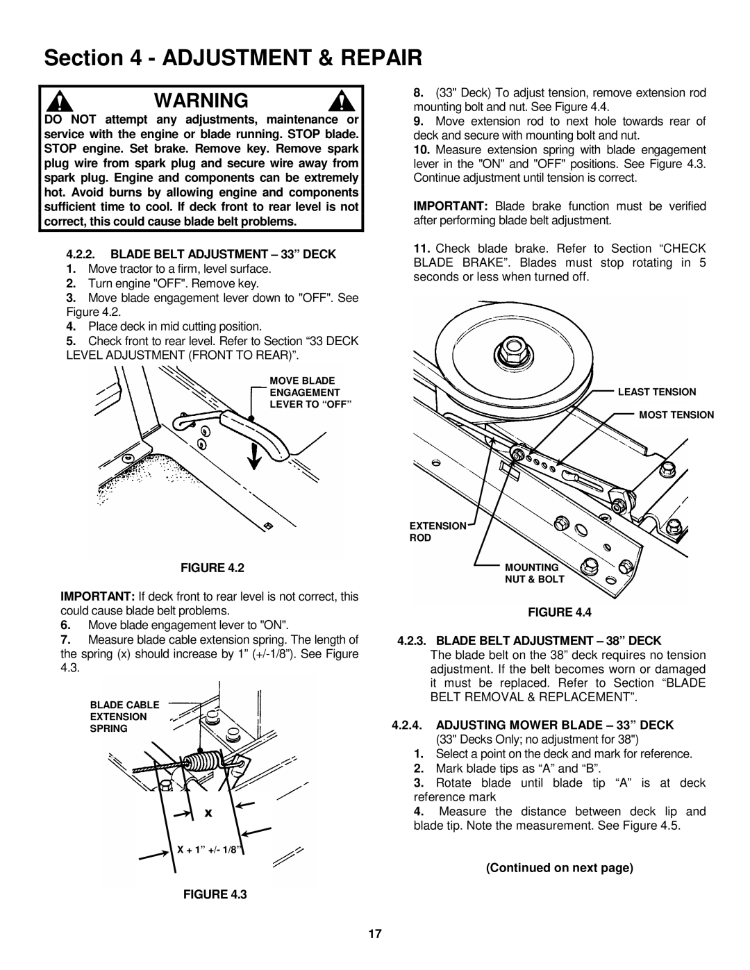 Snapper LT145H33FBV, LT145H38FBV Blade Belt Adjustment 33 Deck, Blade Belt Adjustment 38 Deck, On next 