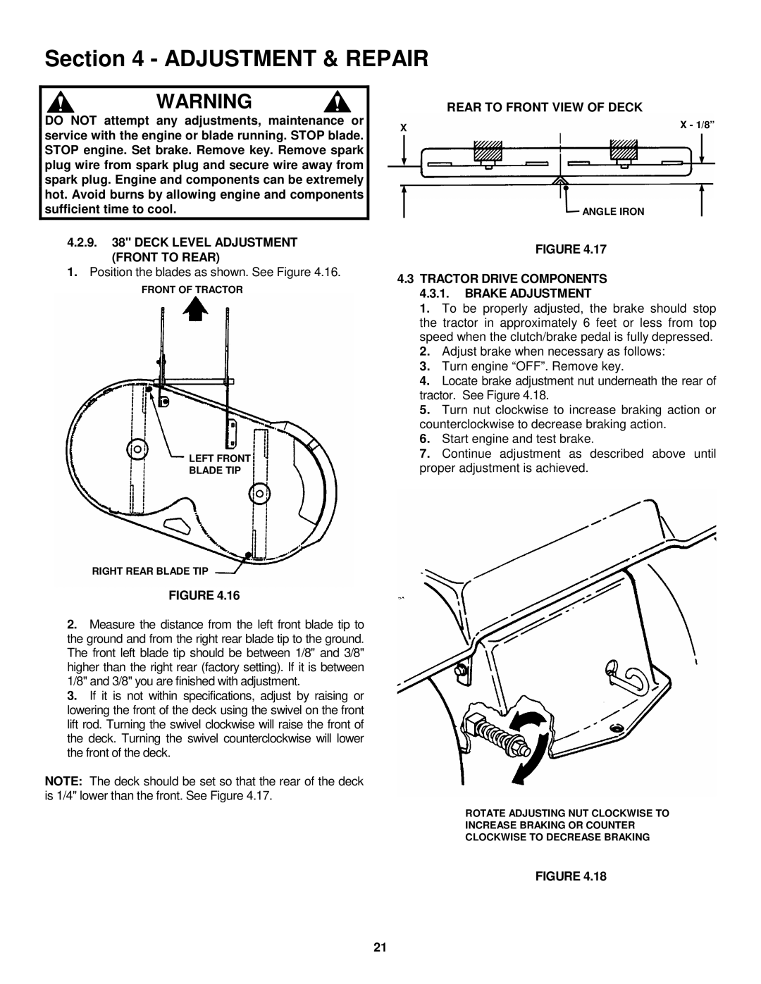 Snapper LT145H33FBV, LT145H38FBV, LT145H38FBV, LT145H33FBV Deck Level Adjustment Front to Rear, Rear to Front View of Deck 