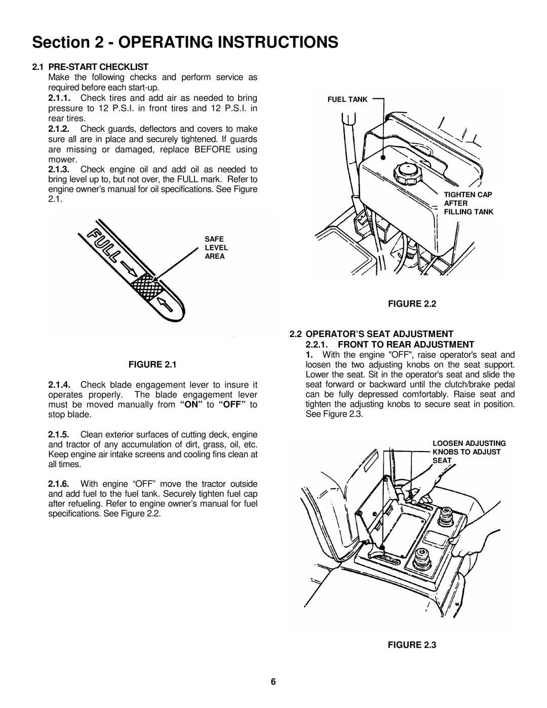 Snapper LT145H38FBV, LT145H33FBV PRE-START Checklist, OPERATOR’S Seat Adjustment Front to Rear Adjustment 