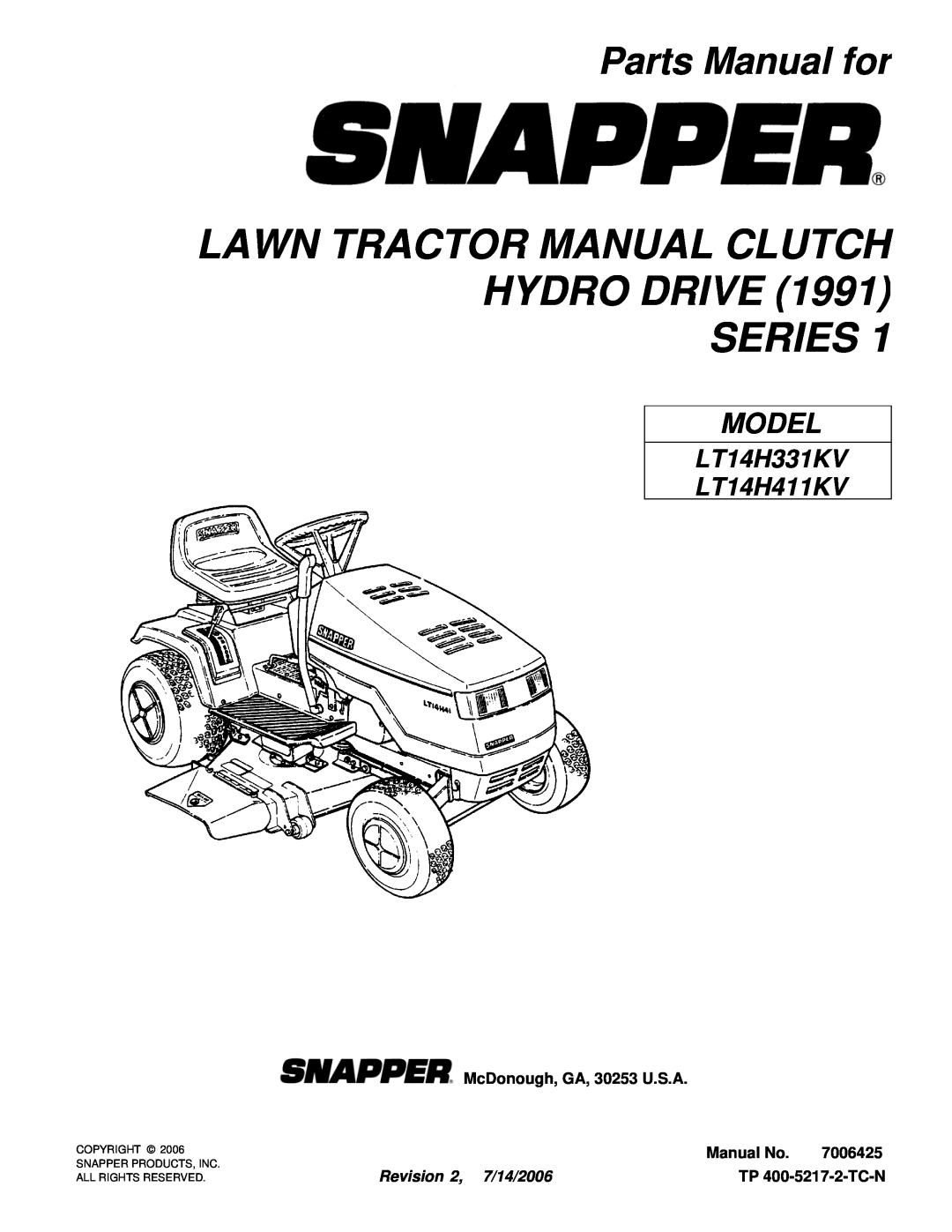 Snapper manual Lawn Tractor Manual Clutch Hydro Drive Series, Parts Manual for, Model, LT14H331KV LT14H411KV, Manual No 