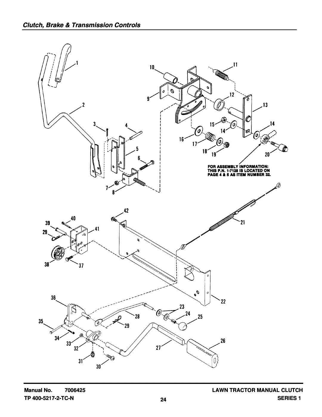 Snapper LT14H331KV manual Clutch, Brake & Transmission Controls, Manual No, 7006425, Lawn Tractor Manual Clutch, Series 